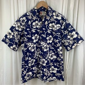 Hilo Hattie 100% Cotton Blue White‎ Floral Hawaiian Camp Shirt Size M